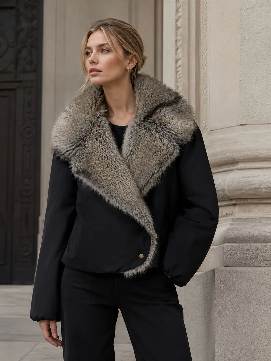 Women Faux Fur Parkas Coats Solid Overcoats Turn Down Collar Long Sleeves Thick Loose Fit Office Lady Casual 2026 Autumn Winter
