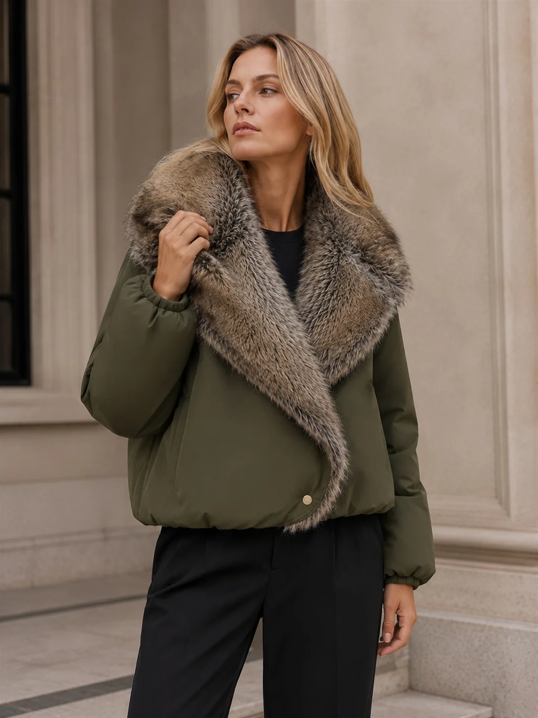 Women Faux Fur Parkas Coats Solid Overcoats Turn Down Collar Long Sleeves Thick Loose Fit Office Lady Casual 2026 Autumn Winter