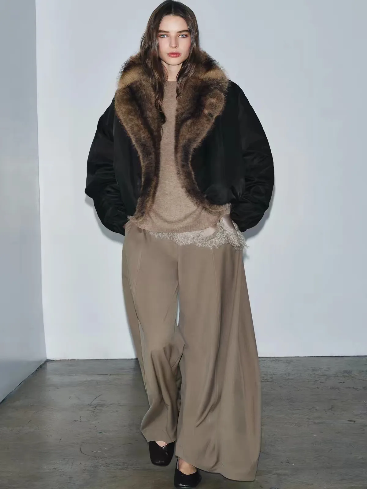 Women Faux Fur Parkas Coats Solid Overcoats Turn Down Collar Long Sleeves Thick Loose Fit Office Lady Casual 2026 Autumn Winter