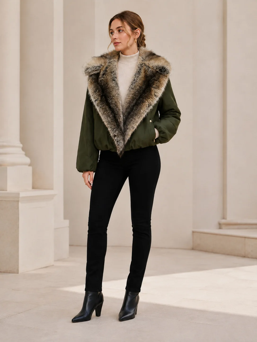 Women Faux Fur Parkas Coats Solid Overcoats Turn Down Collar Long Sleeves Thick Loose Fit Office Lady Casual 2026 Autumn Winter
