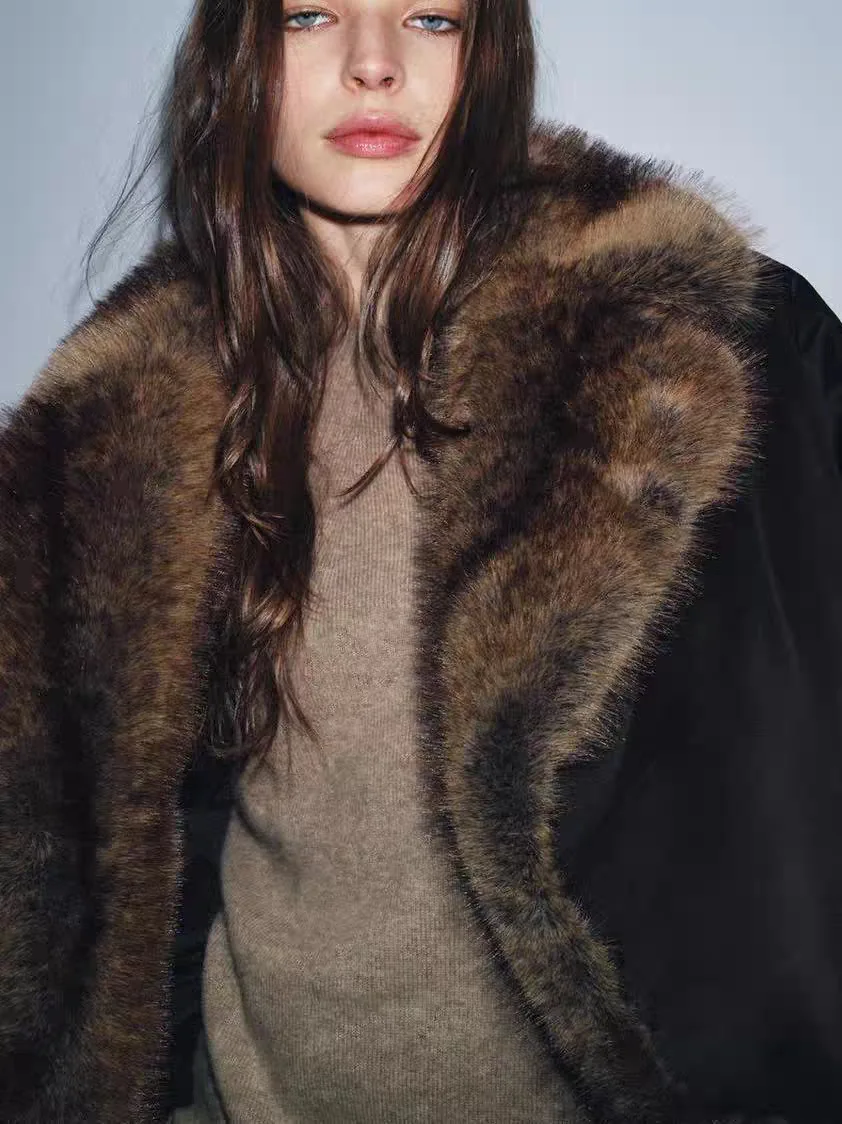 Women Faux Fur Parkas Coats Solid Overcoats Turn Down Collar Long Sleeves Thick Loose Fit Office Lady Casual 2026 Autumn Winter