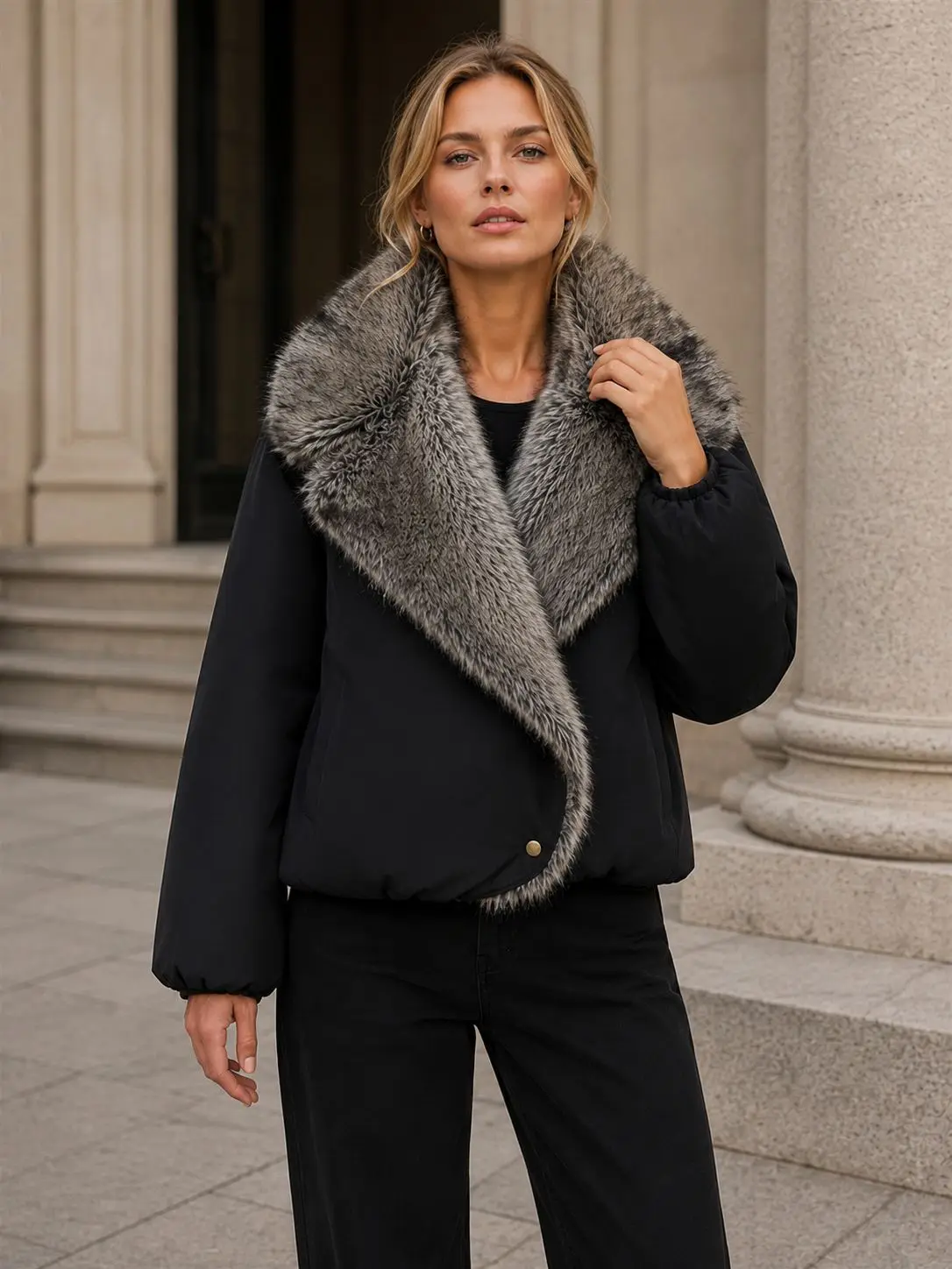 Women Faux Fur Parkas Coats Solid Overcoats Turn Down Collar Long Sleeves Thick Loose Fit Office Lady Casual 2026 Autumn Winter