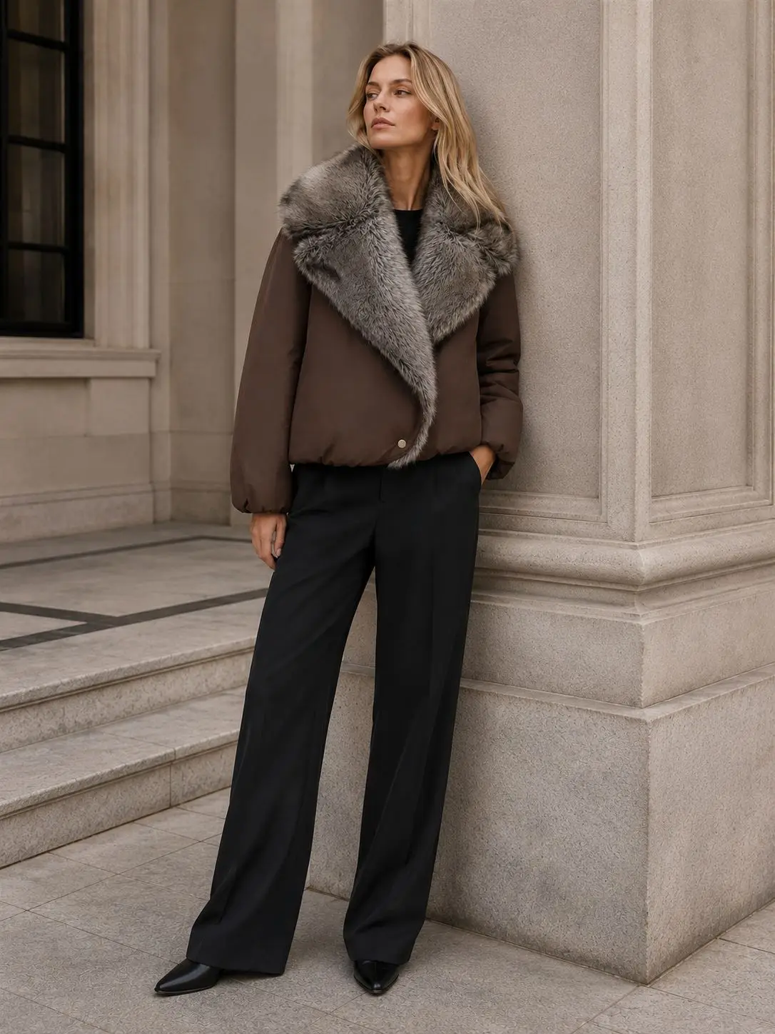 Women Faux Fur Parkas Coats Solid Overcoats Turn Down Collar Long Sleeves Thick Loose Fit Office Lady Casual 2026 Autumn Winter