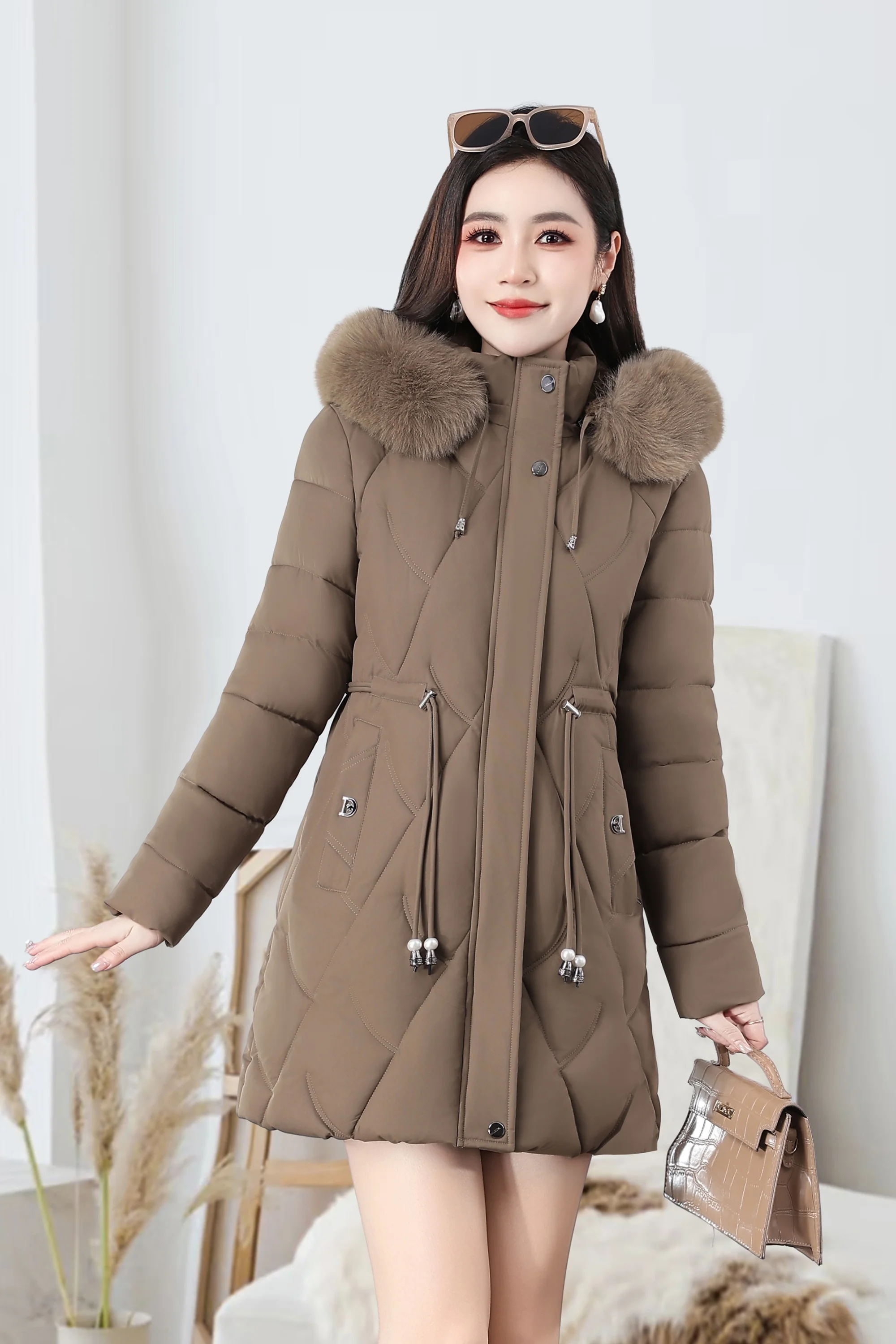 2026 Fashion Winter Women Parkas Long Slim Fashion Korean Big Fur Collar Zipper All-match Warm Down Jacket