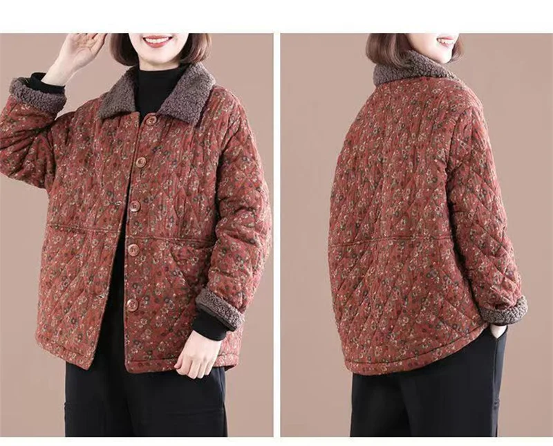 Women's Autumn Winter Cotton-padded Coat NEW Female Single row buckle Floral Jacket Retro Short Leisure Woolen collar Overcoat