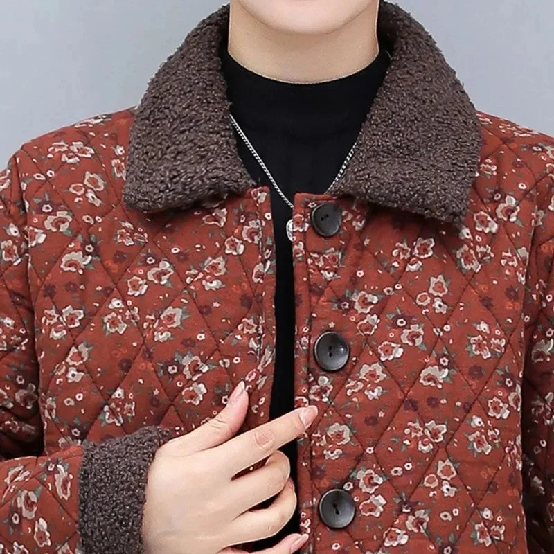 Women's Autumn Winter Cotton-padded Coat NEW Female Single row buckle Floral Jacket Retro Short Leisure Woolen collar Overcoat