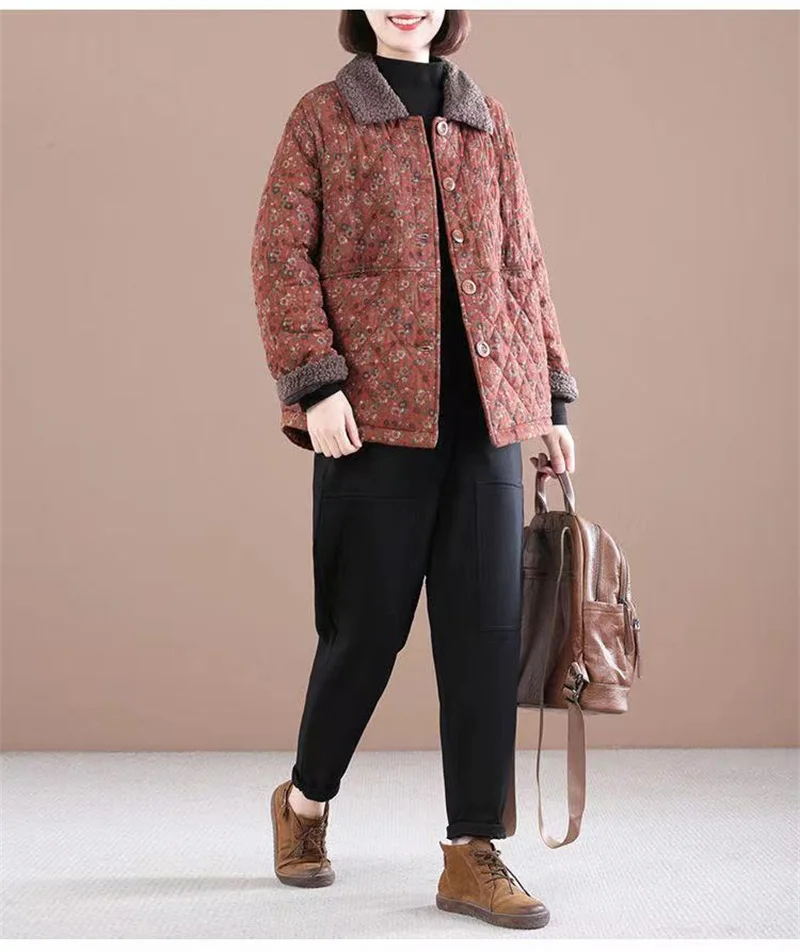 Women's Autumn Winter Cotton-padded Coat NEW Female Single row buckle Floral Jacket Retro Short Leisure Woolen collar Overcoat