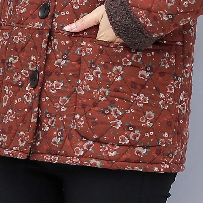 Women's Autumn Winter Cotton-padded Coat NEW Female Single row buckle Floral Jacket Retro Short Leisure Woolen collar Overcoat