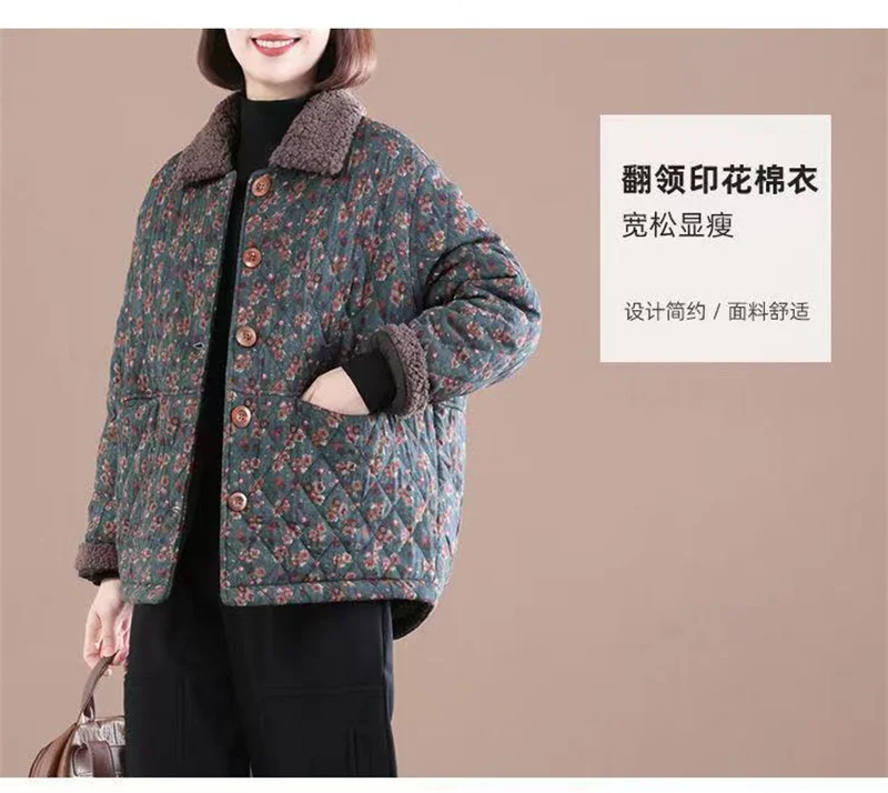 Women's Autumn Winter Cotton-padded Coat NEW Female Single row buckle Floral Jacket Retro Short Leisure Woolen collar Overcoat