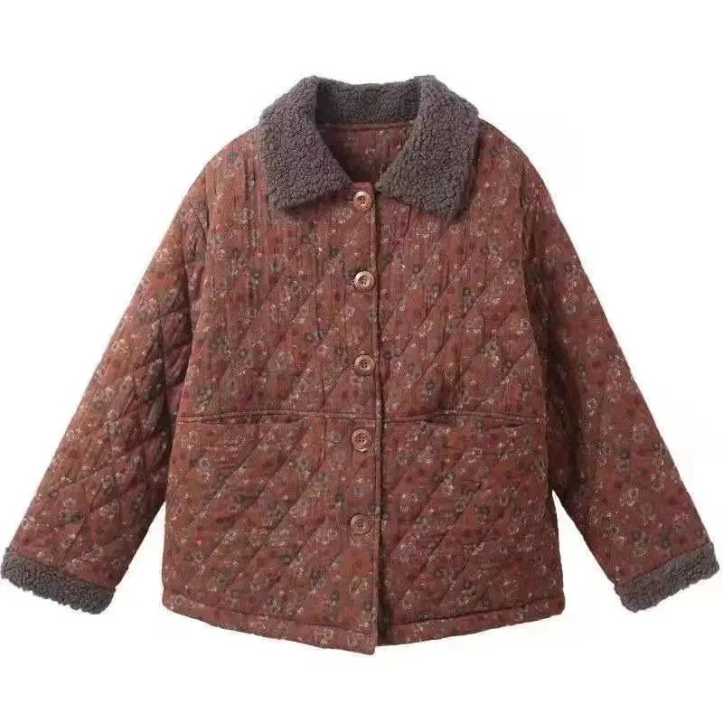 Women's Autumn Winter Cotton-padded Coat NEW Female Single row buckle Floral Jacket Retro Short Leisure Woolen collar Overcoat