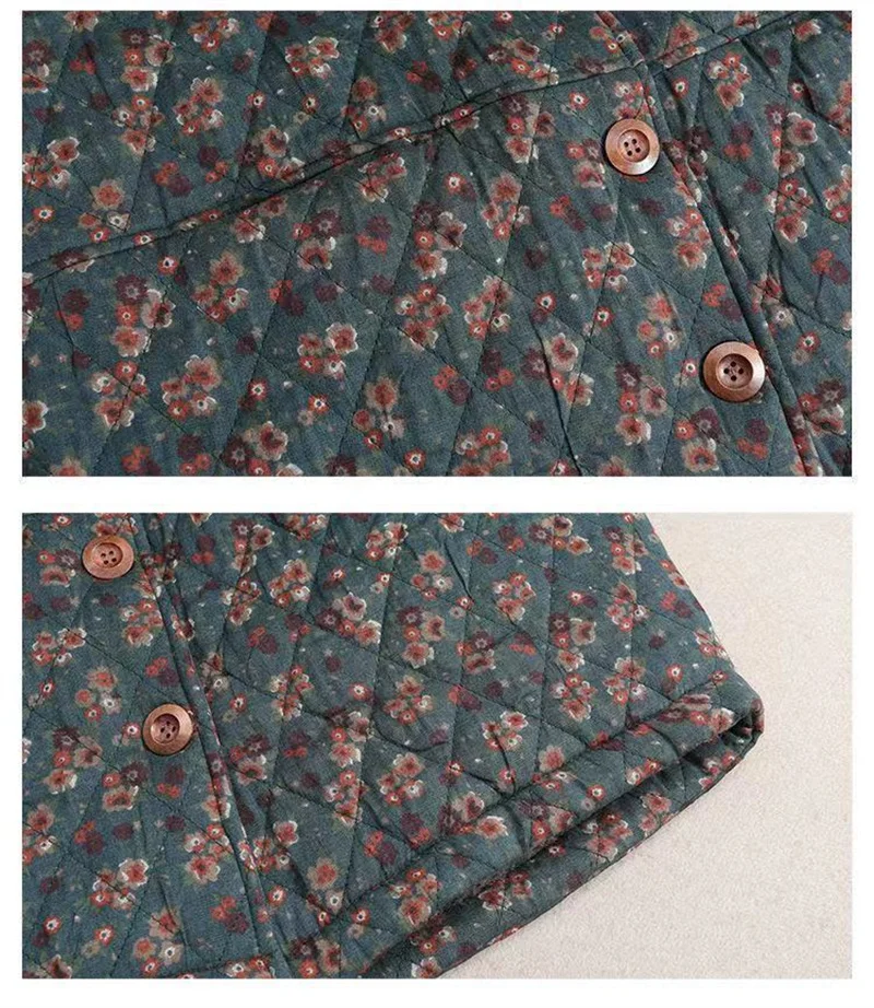 Women's Autumn Winter Cotton-padded Coat NEW Female Single row buckle Floral Jacket Retro Short Leisure Woolen collar Overcoat