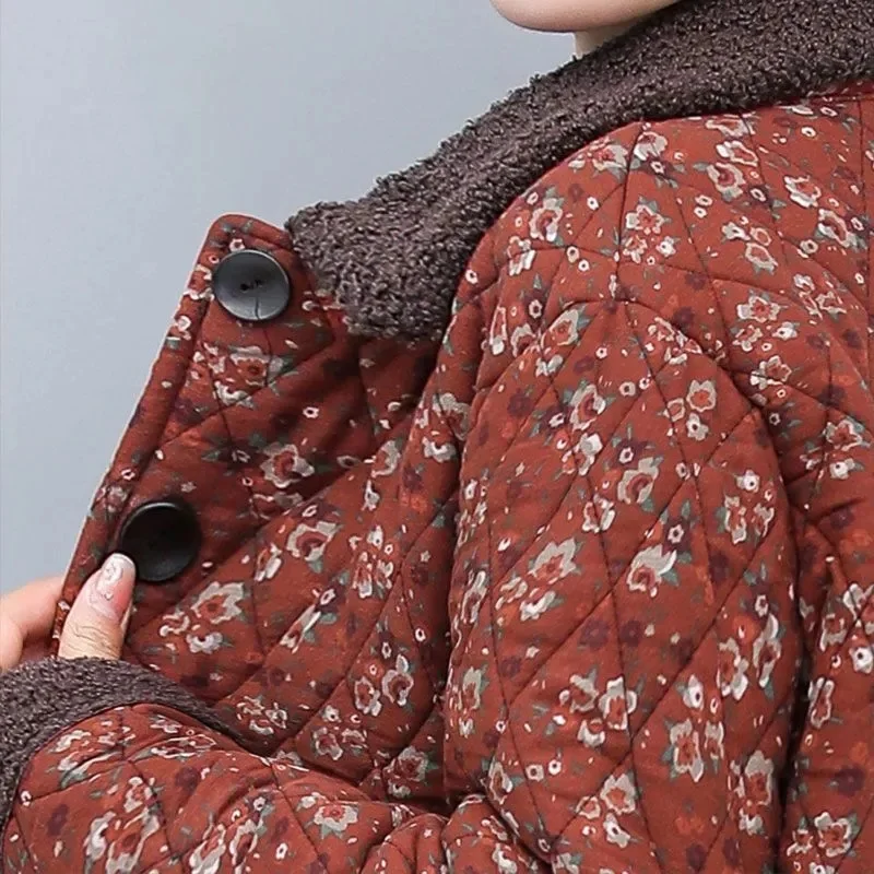 Women's Autumn Winter Cotton-padded Coat NEW Female Single row buckle Floral Jacket Retro Short Leisure Woolen collar Overcoat
