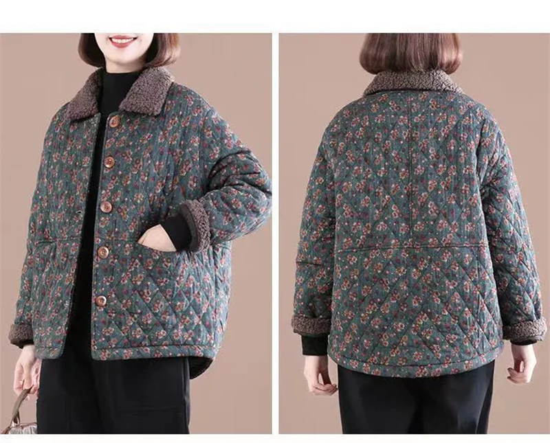 Women's Autumn Winter Cotton-padded Coat NEW Female Single row buckle Floral Jacket Retro Short Leisure Woolen collar Overcoat