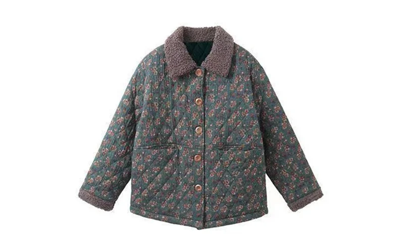 Women's Autumn Winter Cotton-padded Coat NEW Female Single row buckle Floral Jacket Retro Short Leisure Woolen collar Overcoat