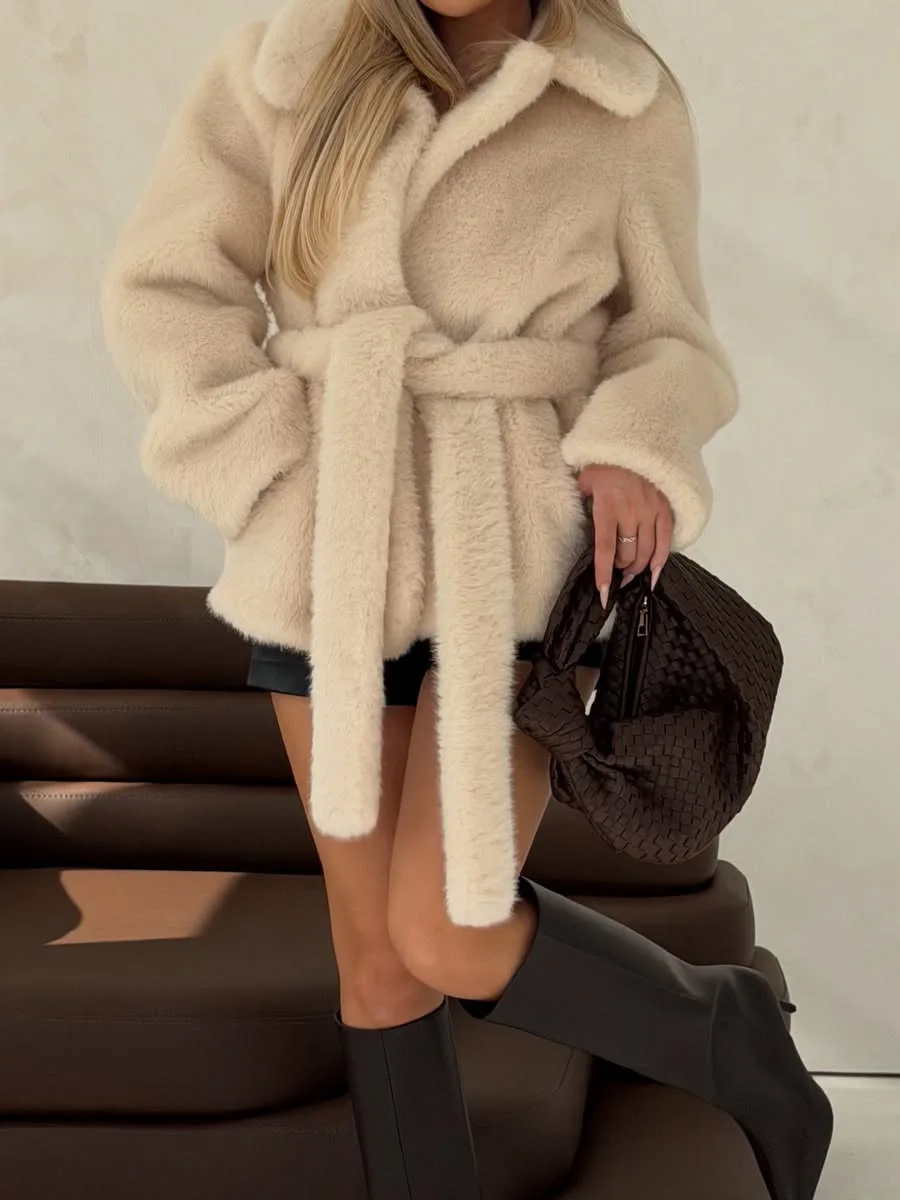 Winter Fashion Thick Warm Faux Mink Fur Coat Women Luxury Woman High Quality Elegant Lace Up Fluffy Mink Fur Jacket Overcoat