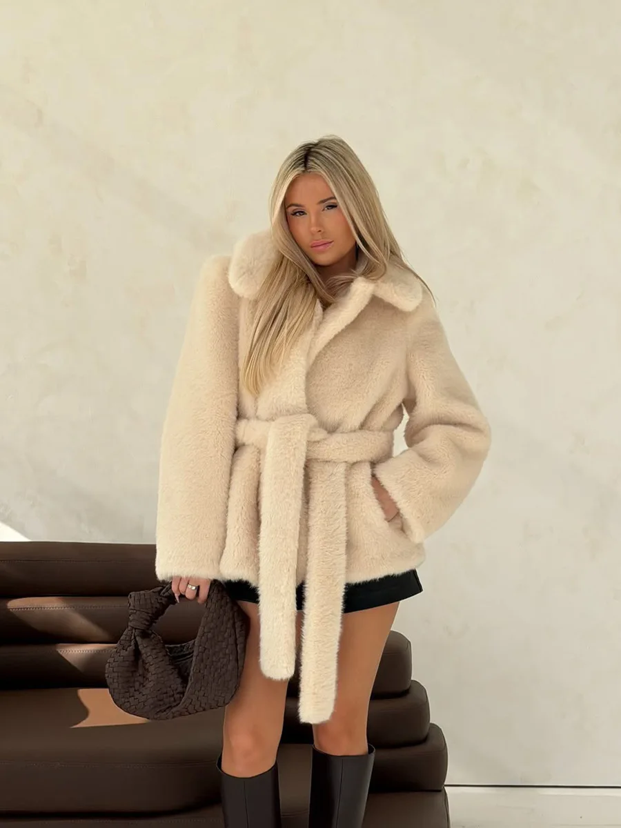 Winter Fashion Thick Warm Faux Mink Fur Coat Women Luxury Woman High Quality Elegant Lace Up Fluffy Mink Fur Jacket Overcoat