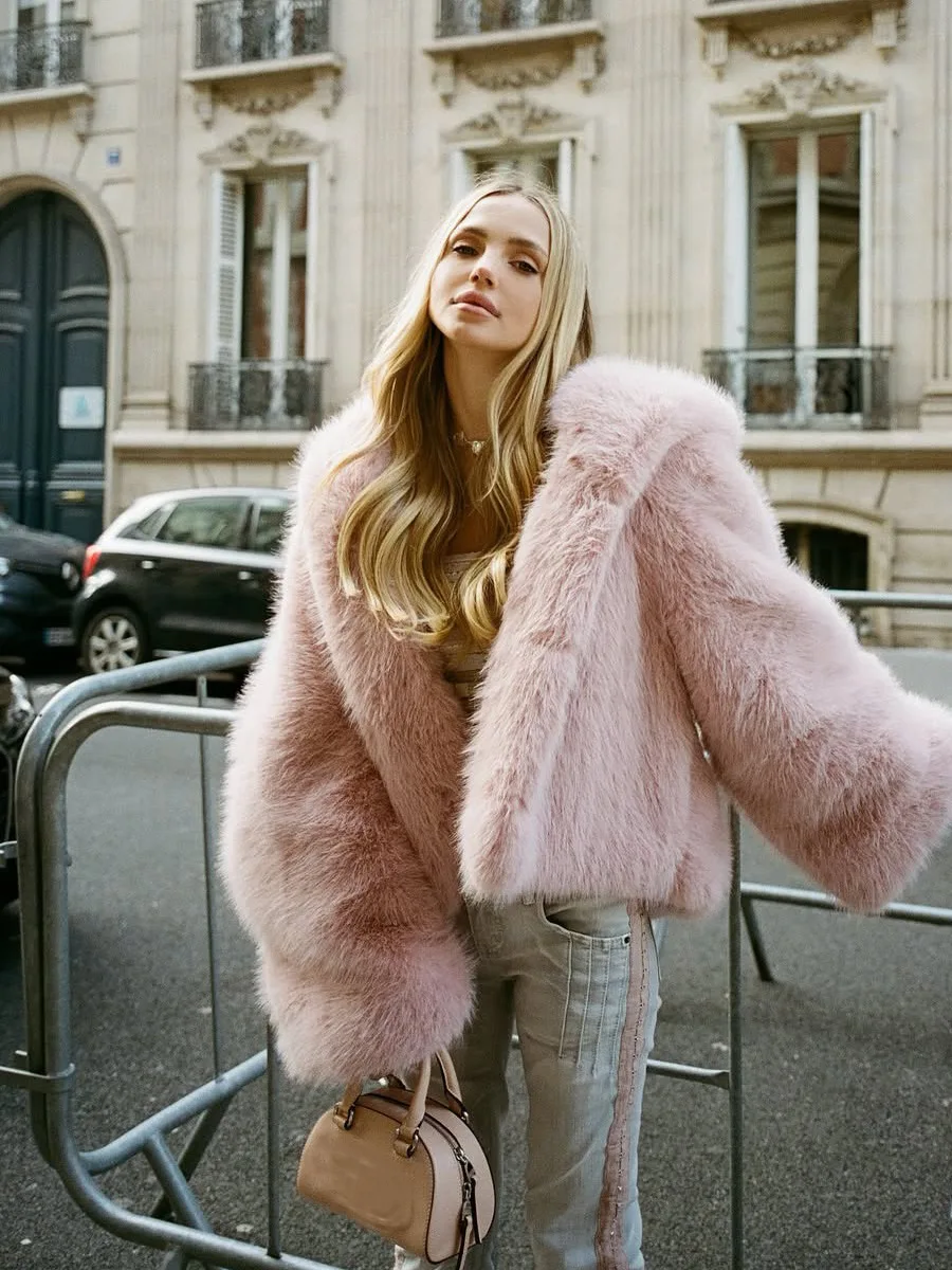 Winter Thick Pink Faux Fur Jacket Women Fashion Casual Hooded Full Sleeve High Quality Luxury Loose Coat Winter Lady Overcoat