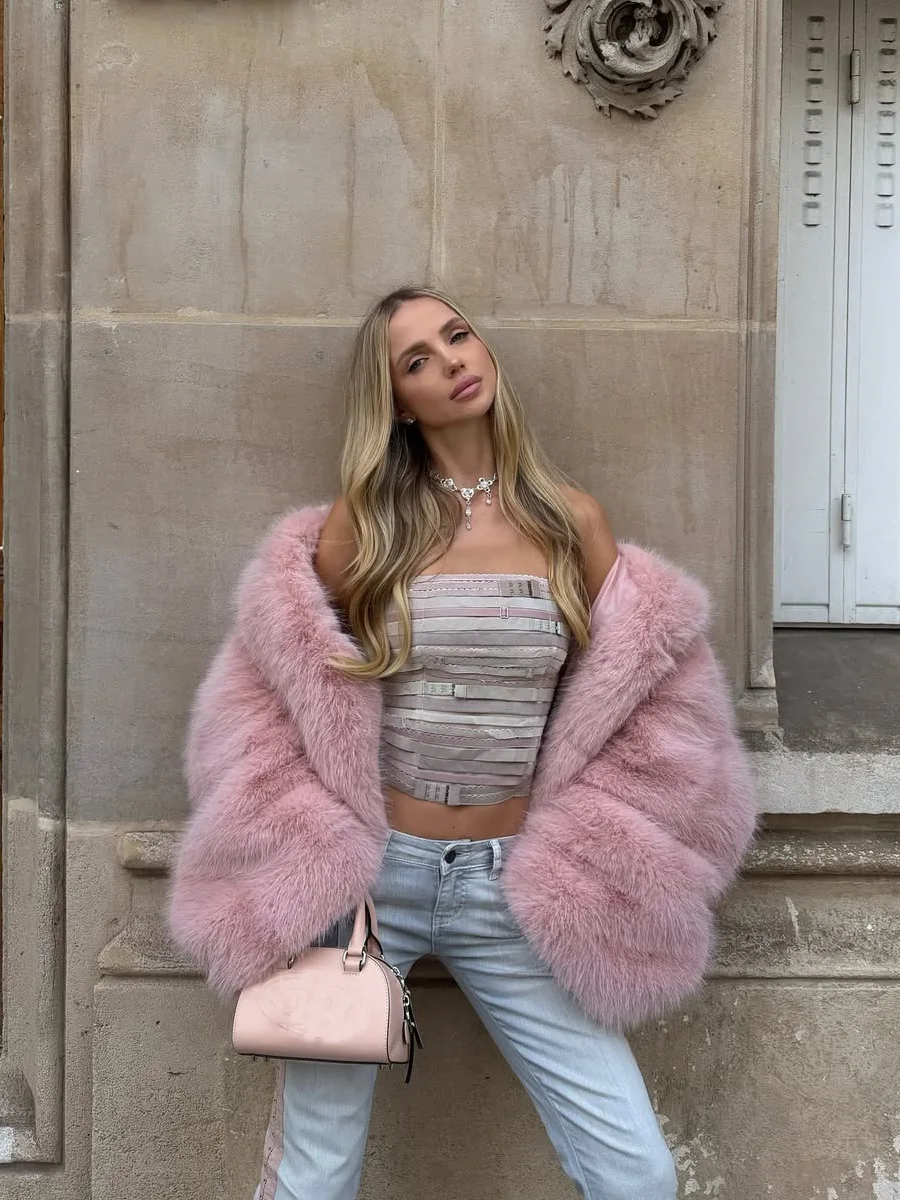 Winter Thick Pink Faux Fur Jacket Women Fashion Casual Hooded Full Sleeve High Quality Luxury Loose Coat Winter Lady Overcoat