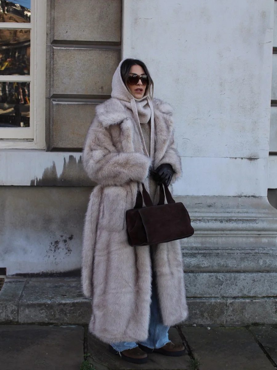 Winter Long Thick Wram Faux Fur Coat Women Lace Up Wool Fluffy Fur Jacket Fashion Street Wide Lapel Jacket Outerwear Overcoat