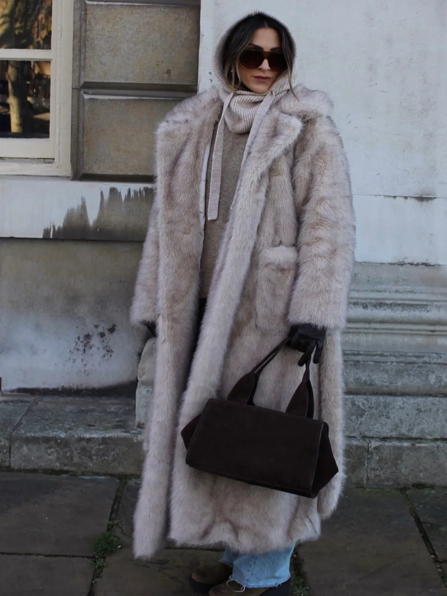 Winter Long Thick Wram Faux Fur Coat Women Lace Up Wool Fluffy Fur Jacket Fashion Street Wide Lapel Jacket Outerwear Overcoat