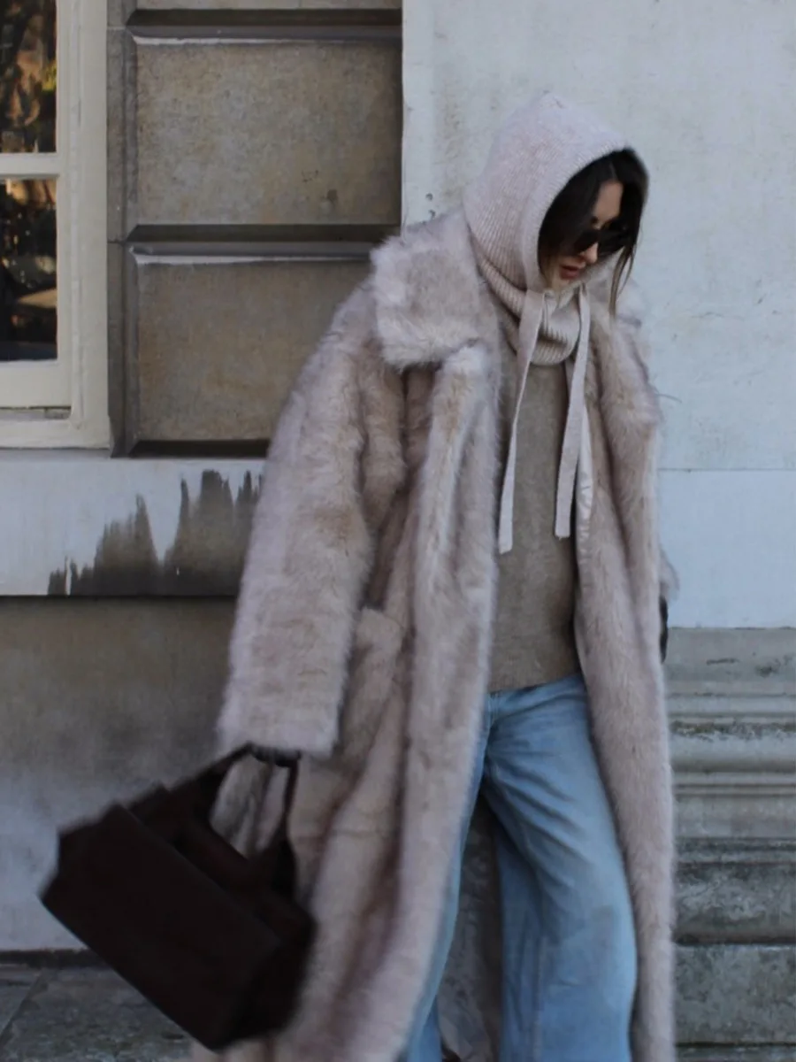 Winter Long Thick Wram Faux Fur Coat Women Lace Up Wool Fluffy Fur Jacket Fashion Street Wide Lapel Jacket Outerwear Overcoat
