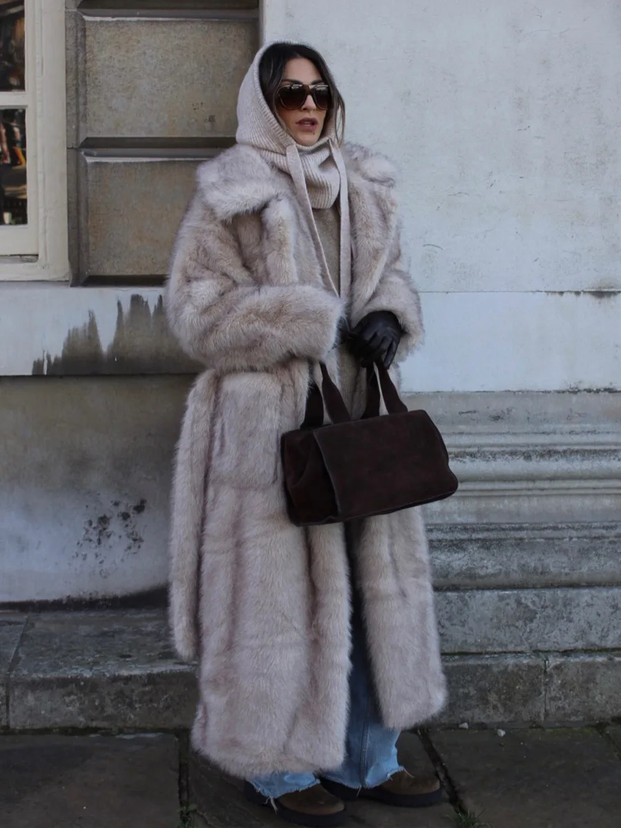 Winter Long Thick Wram Faux Fur Coat Women Lace Up Wool Fluffy Fur Jacket Fashion Street Wide Lapel Jacket Outerwear Overcoat