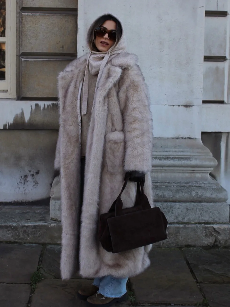 Winter Long Thick Wram Faux Fur Coat Women Lace Up Wool Fluffy Fur Jacket Fashion Street Wide Lapel Jacket Outerwear Overcoat