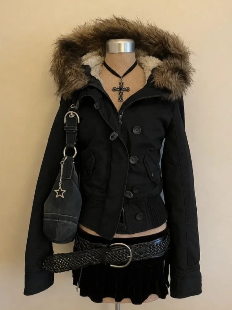 Ladies White Hooded Cropped Padded Jacket Faux Fur Collar Single Breasted Warm Winter Thick Outerwear Street Fashion Clothing