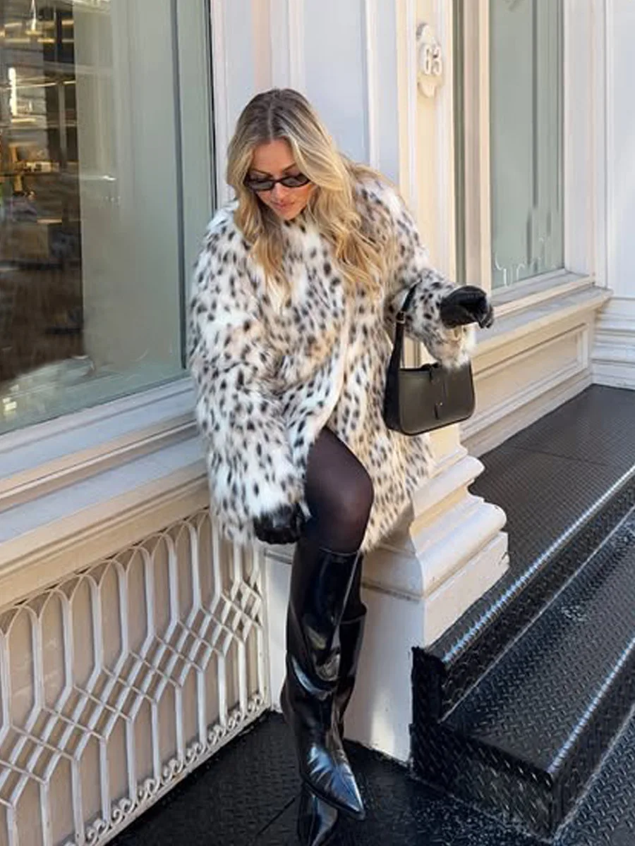 Winter Faux Fur Mid Length Jacket Coats Women Stand Collar Print Leopard Coat Thick Warm Loose Streetwear Jacket Outerwear