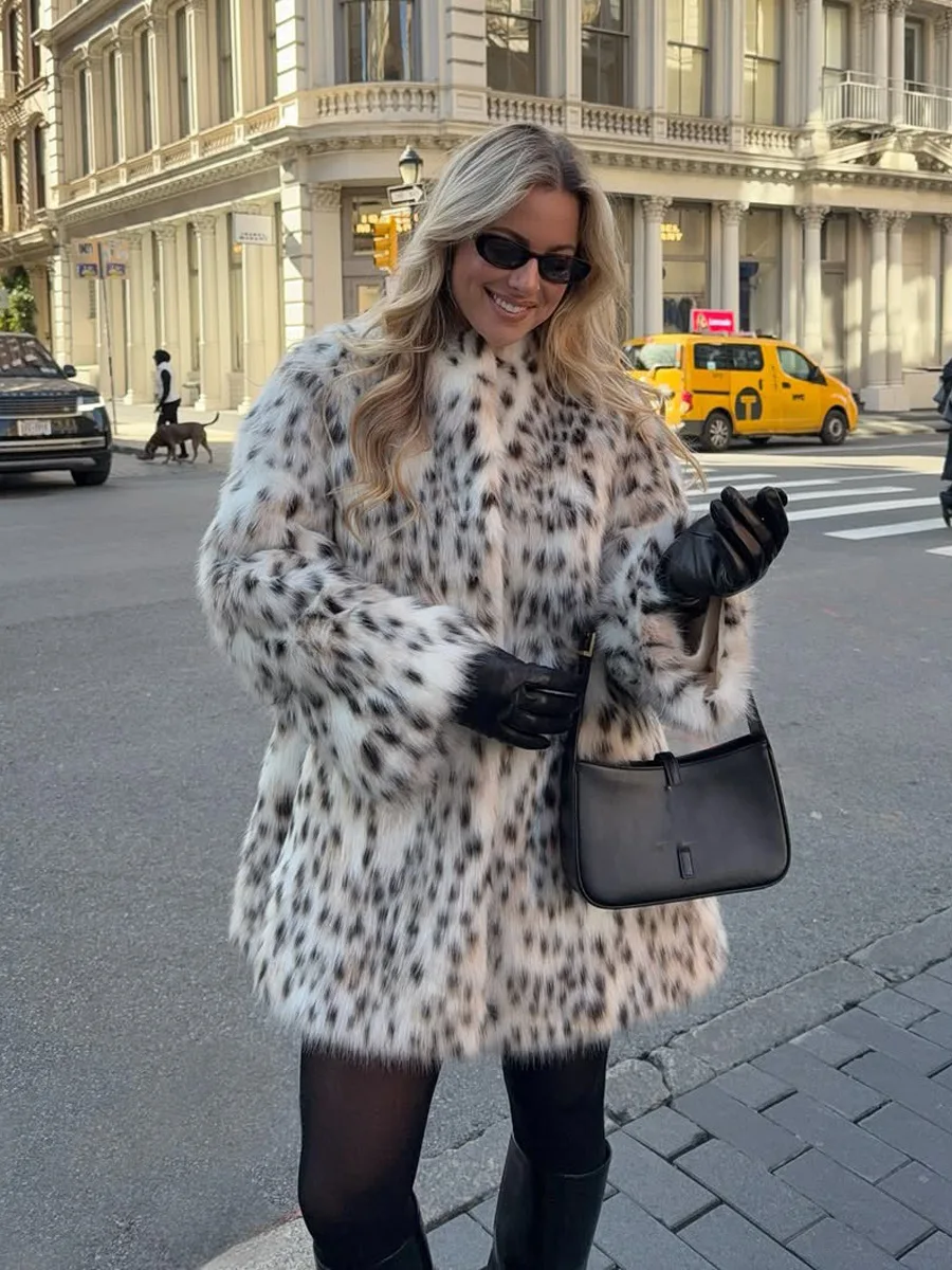 Winter Faux Fur Mid Length Jacket Coats Women Stand Collar Print Leopard Coat Thick Warm Loose Streetwear Jacket Outerwear