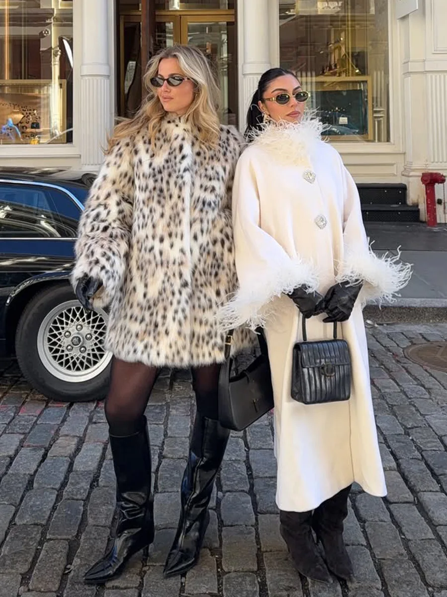 Winter Faux Fur Mid Length Jacket Coats Women Stand Collar Print Leopard Coat Thick Warm Loose Streetwear Jacket Outerwear