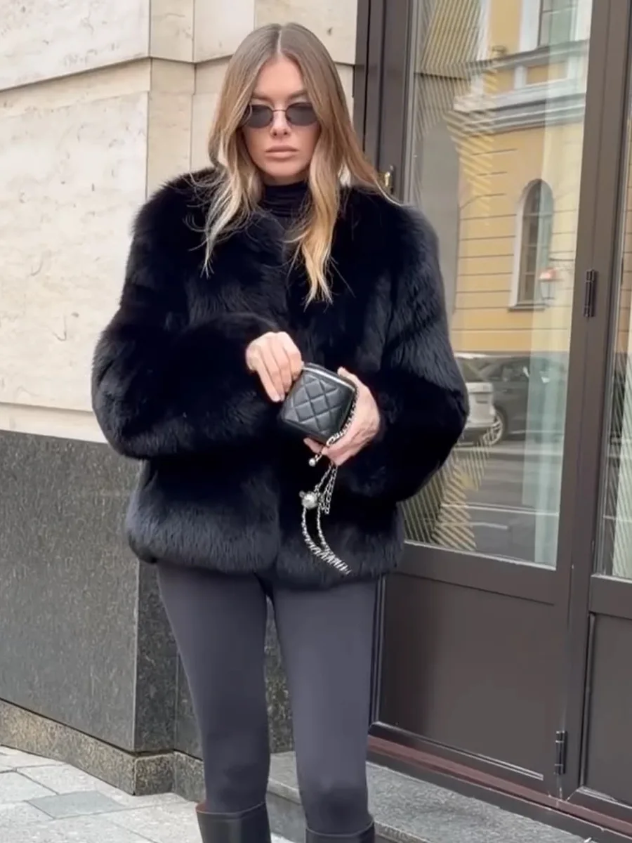 Winter Luxury Faux Fur Jacket Coat Women Black Short Fur Jacket Turn Down Collar Long Sleeves Cardigan Overcoat Soft Jacket