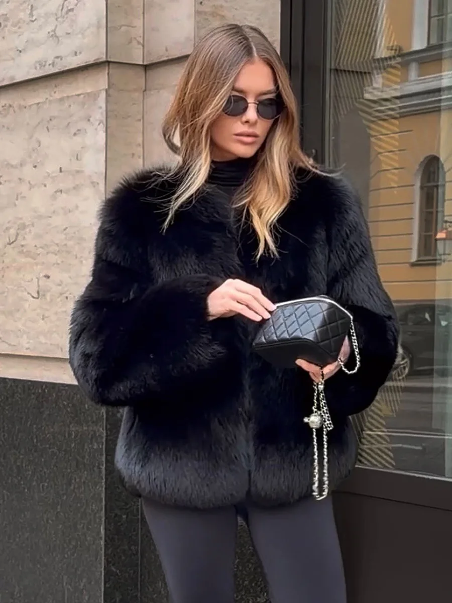 Winter Luxury Faux Fur Jacket Coat Women Black Short Fur Jacket Turn Down Collar Long Sleeves Cardigan Overcoat Soft Jacket