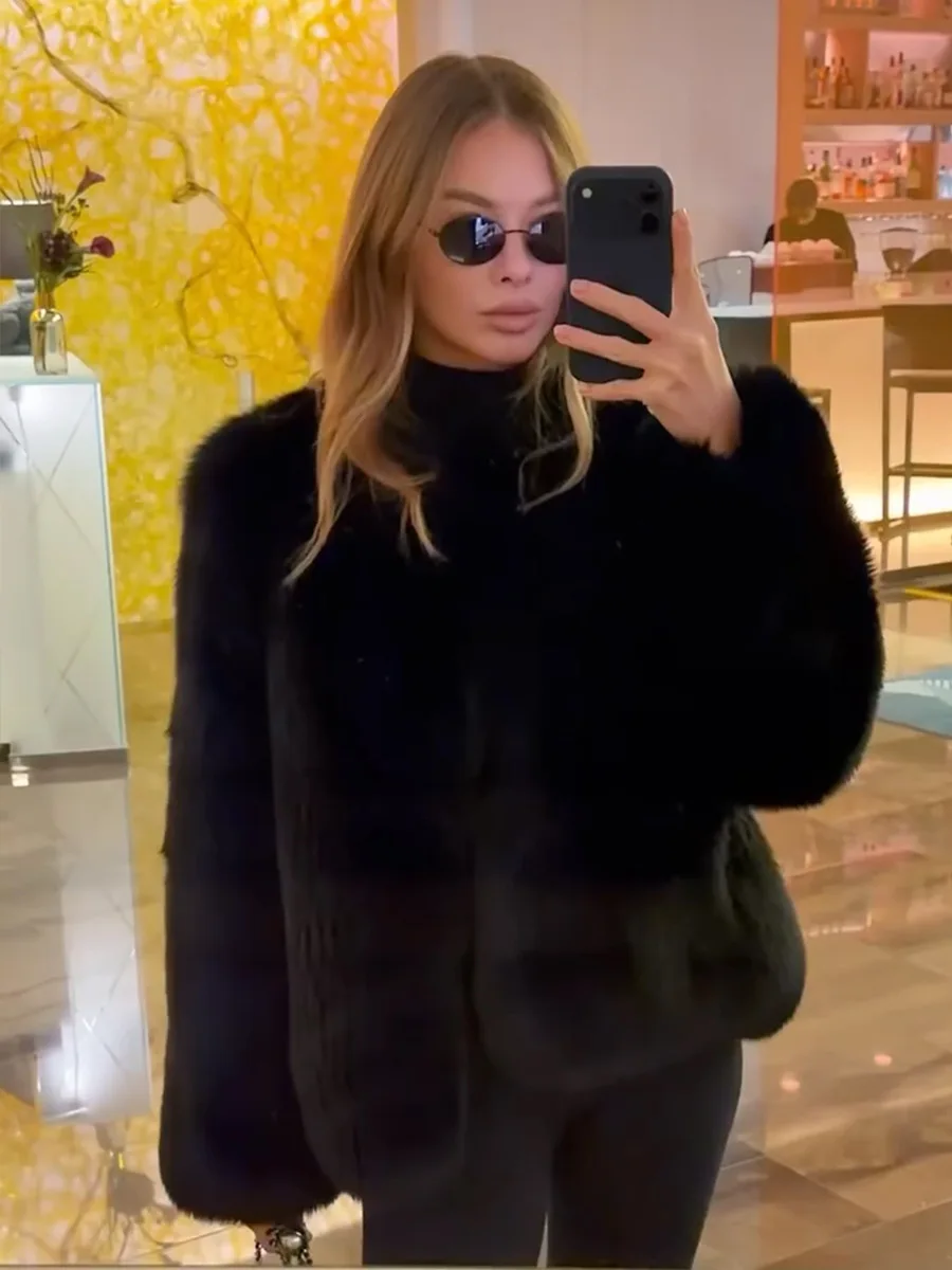 Winter Luxury Faux Fur Jacket Coat Women Black Short Fur Jacket Turn Down Collar Long Sleeves Cardigan Overcoat Soft Jacket