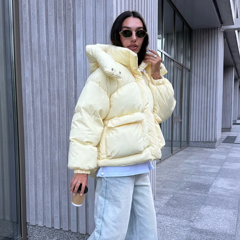 Solid Color Hooded Padded Coats Women Loose Zipper Single-breasted Pockets Thicken Jackets 2026 New Ladies Winter Casual Outwear