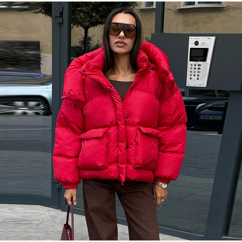 Solid Color Hooded Padded Coats Women Loose Zipper Single-breasted Pockets Thicken Jackets 2026 New Ladies Winter Casual Outwear