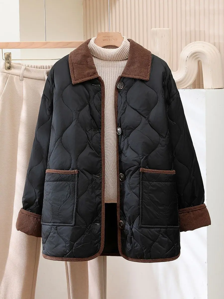 2026 Female Padded Jacket New Korean Loose Flip Collar Corduroy Diamond Grid Jacket Women Winter Short Lightweight Cotton Coat