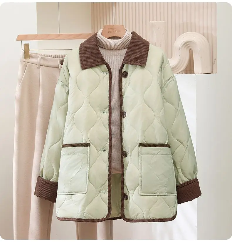 2026 Female Padded Jacket New Korean Loose Flip Collar Corduroy Diamond Grid Jacket Women Winter Short Lightweight Cotton Coat