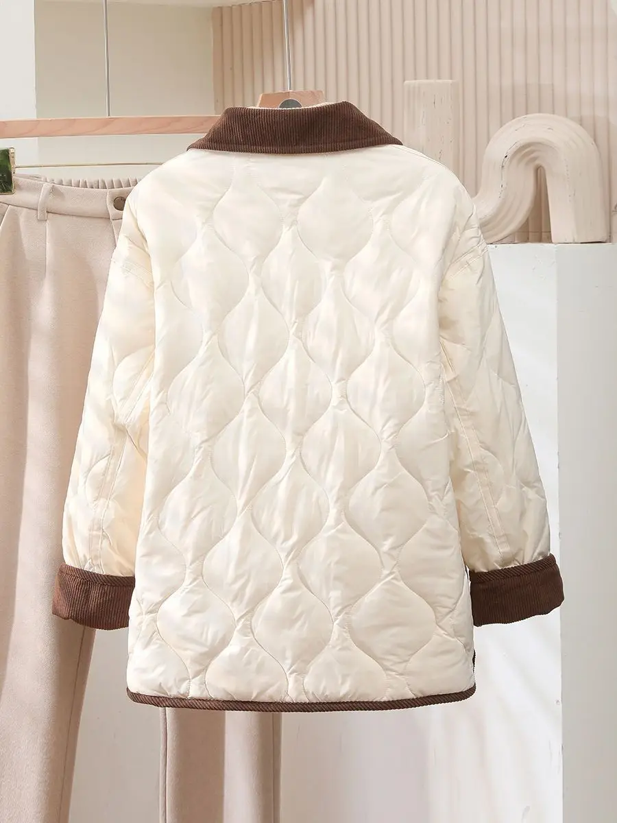2026 Female Padded Jacket New Korean Loose Flip Collar Corduroy Diamond Grid Jacket Women Winter Short Lightweight Cotton Coat