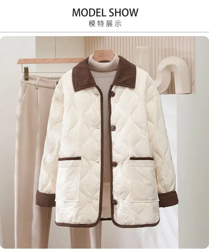 2026 Female Padded Jacket New Korean Loose Flip Collar Corduroy Diamond Grid Jacket Women Winter Short Lightweight Cotton Coat
