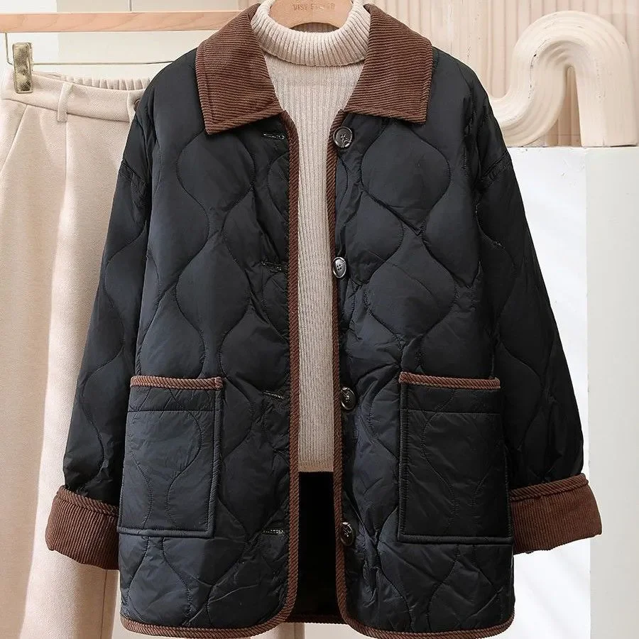 2026 Female Padded Jacket New Korean Loose Flip Collar Corduroy Diamond Grid Jacket Women Winter Short Lightweight Cotton Coat