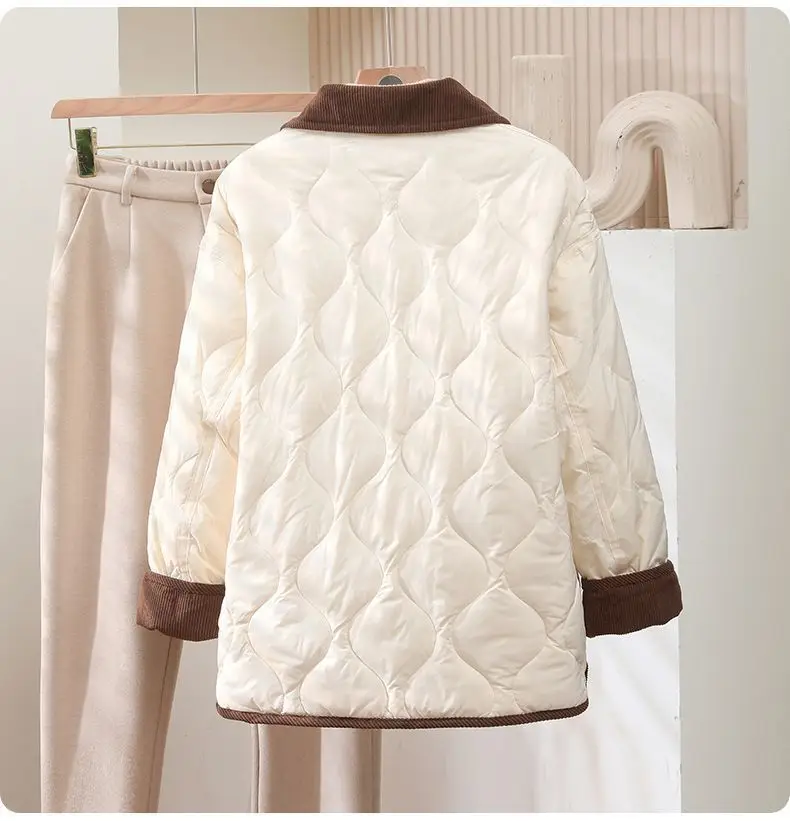 2026 Female Padded Jacket New Korean Loose Flip Collar Corduroy Diamond Grid Jacket Women Winter Short Lightweight Cotton Coat