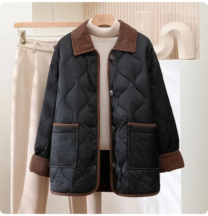 2026 Female Padded Jacket New Korean Loose Flip Collar Corduroy Diamond Grid Jacket Women Winter Short Lightweight Cotton Coat