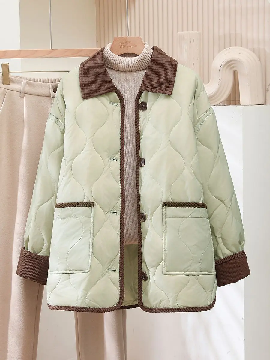2026 Female Padded Jacket New Korean Loose Flip Collar Corduroy Diamond Grid Jacket Women Winter Short Lightweight Cotton Coat