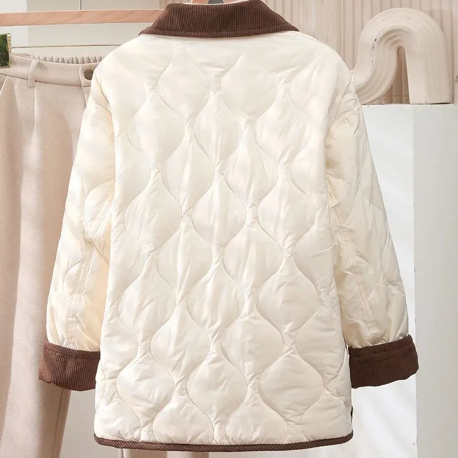 2026 Female Padded Jacket New Korean Loose Flip Collar Corduroy Diamond Grid Jacket Women Winter Short Lightweight Cotton Coat