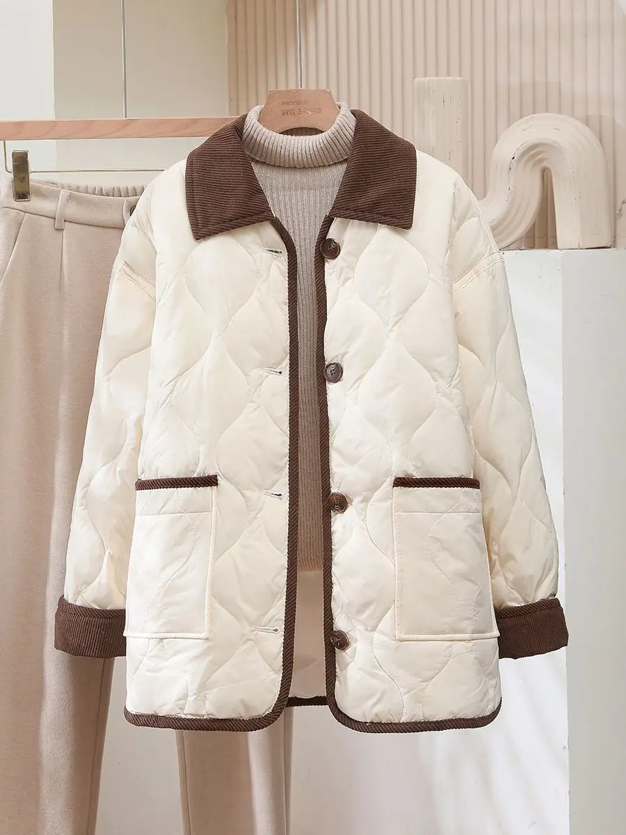 2026 Female Padded Jacket New Korean Loose Flip Collar Corduroy Diamond Grid Jacket Women Winter Short Lightweight Cotton Coat