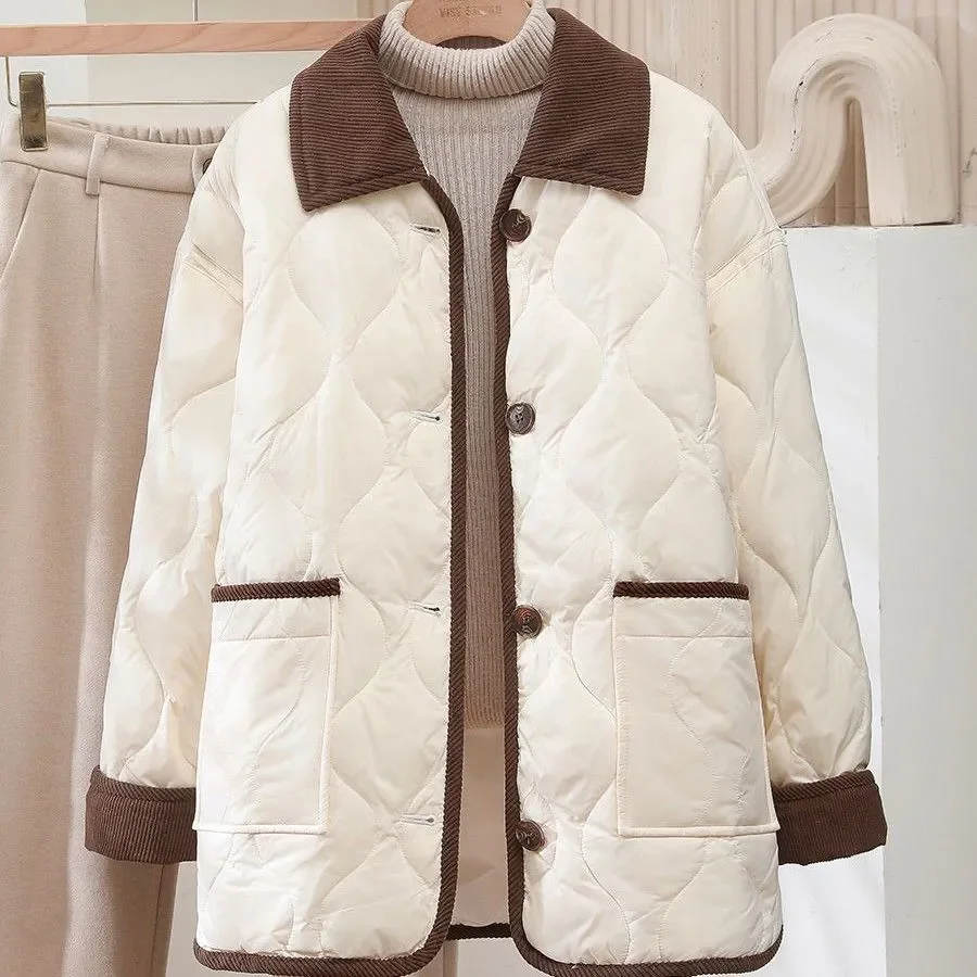 2026 Female Padded Jacket New Korean Loose Flip Collar Corduroy Diamond Grid Jacket Women Winter Short Lightweight Cotton Coat
