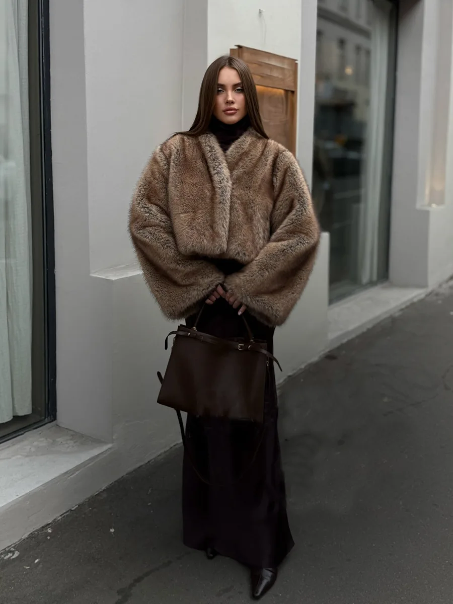 Winter V Neck Cropped Faux Fur Coat Women Batwing Long Sleeve Fluffy Mottled Tone Thicken Warm Loose Oversized Jacket Outerwear