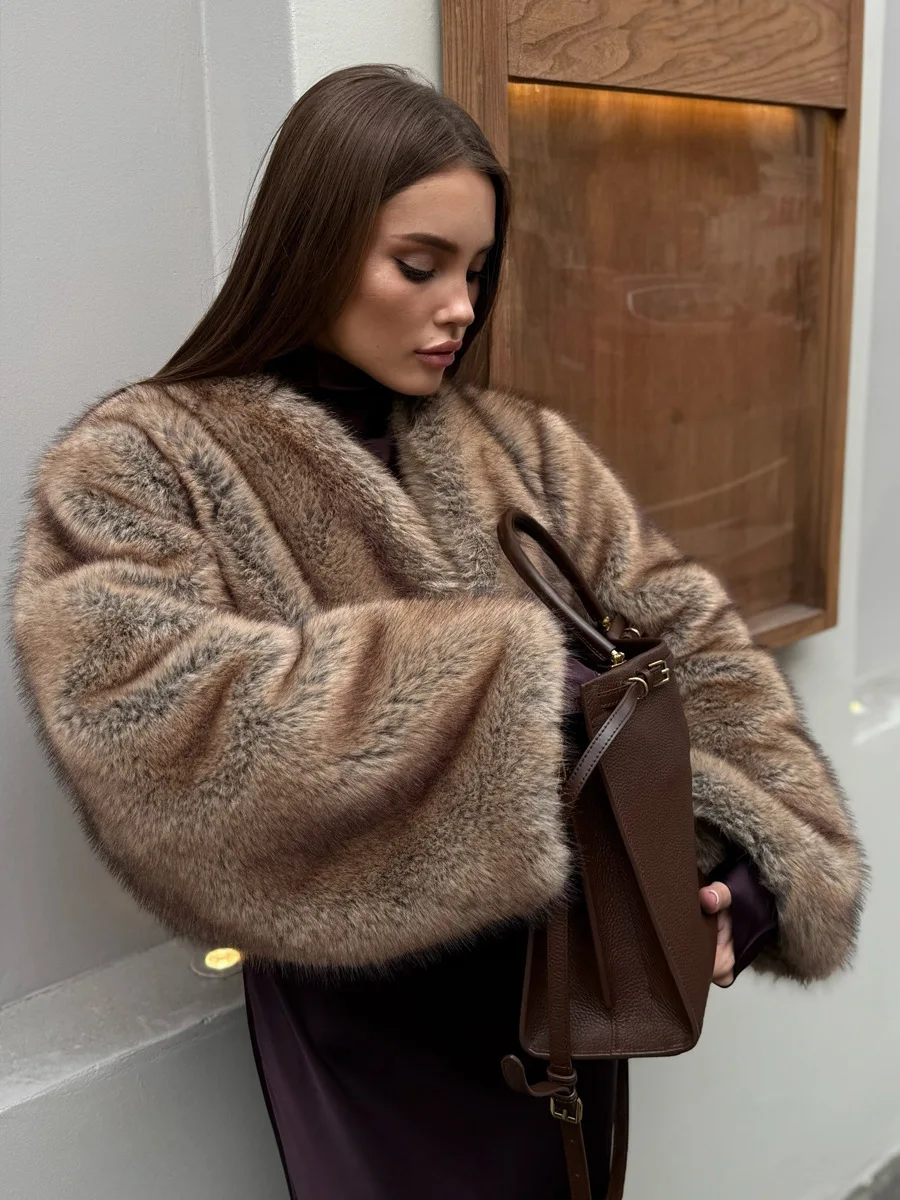 Winter V Neck Cropped Faux Fur Coat Women Batwing Long Sleeve Fluffy Mottled Tone Thicken Warm Loose Oversized Jacket Outerwear
