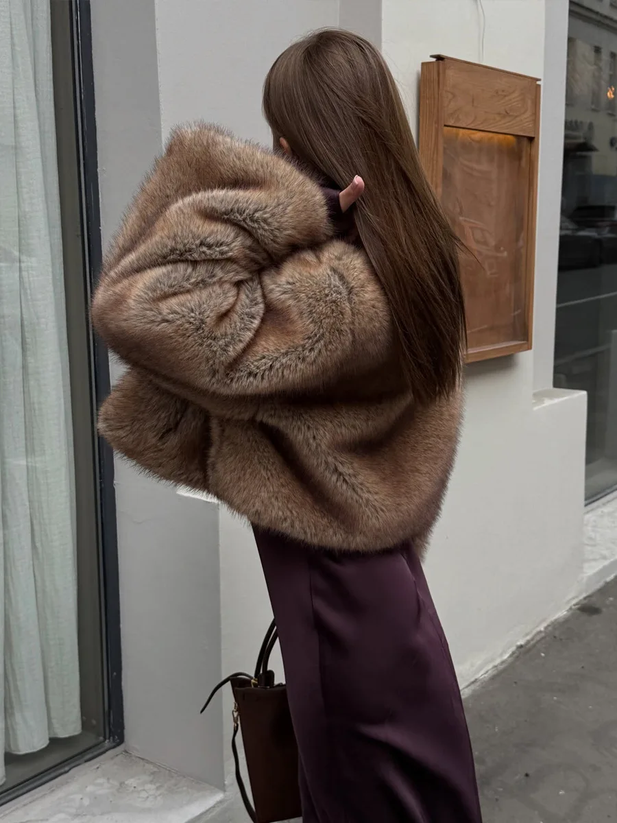 Winter V Neck Cropped Faux Fur Coat Women Batwing Long Sleeve Fluffy Mottled Tone Thicken Warm Loose Oversized Jacket Outerwear